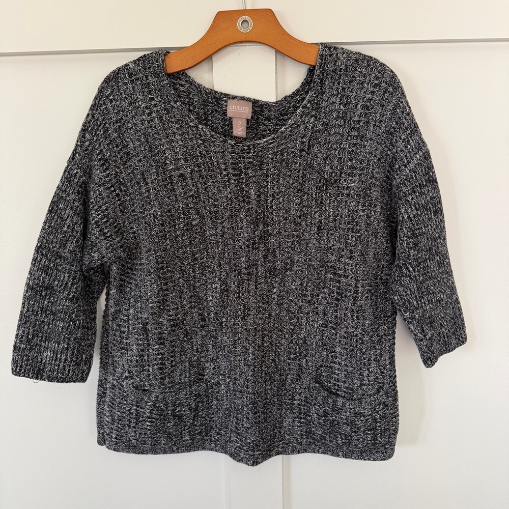 Chico's Women's Sweater 100% Cotton Scoop Neck Pockets Black White‎ 2 Large